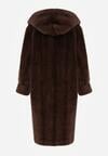 Brązowy Płaszcz Futerko w Pionowy Wzór z Kapturem Cahroris