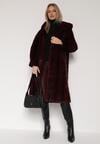 Bordowy Płaszcz Futerko w Pionowy Wzór z Kapturem Cahroris