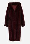 Bordowy Płaszcz Futerko w Pionowy Wzór z Kapturem Cahroris