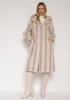 Jasnobeżowy Płaszcz Futerko w Pionowy Wzór z Kapturem Cahroris