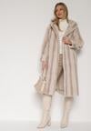 Jasnobeżowy Płaszcz Futerko w Pionowy Wzór z Kapturem Cahroris