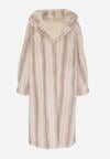 Jasnobeżowy Płaszcz Futerko w Pionowy Wzór z Kapturem Cahroris