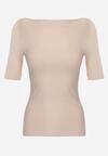 Beżowy Wiskozowy T-shirt o Dopasowanym Kroju z Dekoltem w Łódkę Idahphaeia
