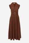 Brązowa Koszulowa Sukienka Bez Rękawów Ozdobiona Paskiem z Klamrą Phalixia