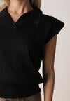 Czarna Wiskozowa Bluzka Sweterkowa z Usztywnionymi Ramionami i Kołnierzykiem Katano