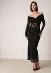 Czarna Dopasowana Sukienka Koronkowa z Odkrytymi Ramionami i Węzłem Serehaneh