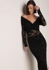 Czarna Dopasowana Sukienka Koronkowa z Odkrytymi Ramionami i Węzłem Serehaneh