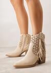 Beżowe Botki Kowbojki na Stożkowym Obcasie z Ażurowym Wzorem i Eathetina