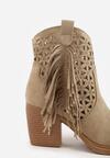 Ciemnobeżowe Botki Kowbojki na Stożkowym Obcasie z Ażurowym Wzorem i Eathetina