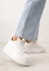 Białe Sneakersy na Grubej Tłoczonej Platformie Ozdobione Brokatem i Koronką Zellysh