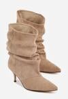 Ciemnobeżowe Botki na Szpilce z Marszczoną Cholewką Hailenia
