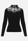Czarny Dopasowany Sweter z Półgolfem z Wiskozą Zdobiony Koronkową Siateczką Genna