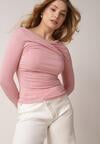 Różowa Bluzka z Bawełną Dekoltem Typu Łódka i Marszczeniem  Typhatos