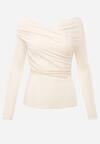 Beżowy Bluzka z Bawełną Dekoltem Typu Łódka i Marszczeniem  Typhatos