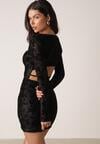 Czarna Dopasowana Sukienka VICES z Wiązaniem i Welurowym Wzorem Thessadenah