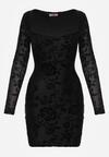 Czarna Dopasowana Sukienka VICES z Wiązaniem i Welurowym Wzorem Thessadenah