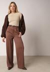 Brązowe Szerokie Spodnie z Wysokim Stanem z Domieszką Bawełny i Geometryczną Klamrą Syliteia