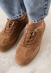 Brązowe Sneakersy z Zamszu Naturalnego ze Skórzaną Wkładką i Przeszyciami Muririal
