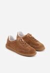 Brązowe Sneakersy z Zamszu Naturalnego ze Skórzaną Wkładką i Przeszyciami Muririal