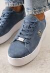 Niebieskie Sneakersy ze Skóry Naturalnej na Grubej Podeszwie z Metaliczną Ozdobą Sabypise
