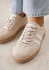 Beżowe Sneakersy ze Skóry Naturalnej w Stylu Tenisówek z Paskami Arethephila
