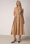 Beżowa Koszulowa Sukienka Bez Rękawów z Wiskozy i Bawełny z Paskiem Suranon