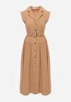 Beżowa Koszulowa Sukienka Bez Rękawów z Wiskozy i Bawełny z Paskiem Suranon