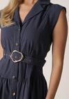 Granatowa Koszulowa Sukienka Bez Rękawów z Wiskozy i Bawełny z Paskiem Suranon