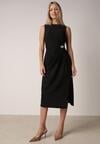 Czarna Sukienka z Wiskozą z Metaliczną Aplikacją i Rozcięciem na Nogę Aeradina
