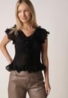Czarna Prążkowana Bluzka z Wiskozą Ozdobiona Falbanami Delestra