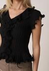 Czarna Prążkowana Bluzka z Wiskozą Ozdobiona Falbanami Delestra