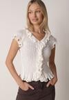 Biała Prążkowana Bluzka z Wiskozą Ozdobiona Falbanami Delestra