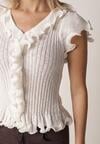 Biała Prążkowana Bluzka z Wiskozą Ozdobiona Falbanami Delestra