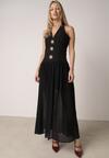 Czarna Sukienka z Wiązanym Dekoltem Typu Halter i Biżuteryjnymi Guzikami Raena