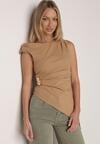 Beżowa Bawełniana Bluzka o Asymetrycznym Marszczonym Kroju z Aplikacją Omphasia