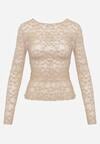 Beżowa Bluzka Koronkowa z Transparentnego Materiału Hermatea