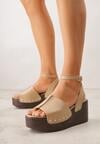 Ciemnobeżowe Sandały na Koturnie i Platformie Ozdobione Nitami Rhethe