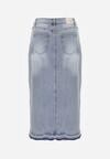 Niebieska Jeansowa Spódnica z Bawełną Wysokim Stanem i Rozcięciem na Nogę  Vikinori