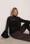 Czarna Wiskozowa Bluzka z Koronki z Bawełną Kokardą i Rozszerzanymi Rękawami Andrice