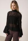 Czarna Wiskozowa Bluzka z Koronki z Bawełną Kokardą i Rozszerzanymi Rękawami Andrice