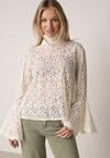 Beżowa Wiskozowa Bluzka z Koronki z Bawełną Kokardą i Rozszerzanymi Rękawami Andrice