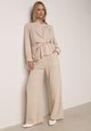 Beżowy Wiskozowy Komplet Asymetryczna Koszula i Spodnie z Kieszeniami Moneia