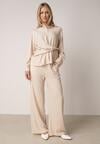 Beżowy Wiskozowy Komplet Asymetryczna Koszula i Spodnie z Kieszeniami Moneia