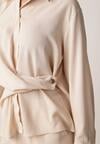 Beżowy Wiskozowy Komplet Asymetryczna Koszula i Spodnie z Kieszeniami Moneia
