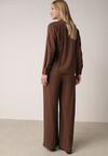 Brązowy Wiskozowy Komplet Asymetryczna Koszula i Spodnie z Kieszeniami Moneia