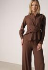 Brązowy Wiskozowy Komplet Asymetryczna Koszula i Spodnie z Kieszeniami Moneia