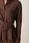 Brązowy Wiskozowy Komplet Asymetryczna Koszula i Spodnie z Kieszeniami Moneia