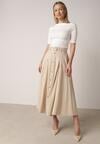 Beżowa Spódnica Rozkloszowana z Bawełną i Paskiem oraz Kieszniami Jorlea