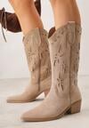 Ciemnobeżowe Botki Kowbojki na Stożku z Imitacji Zamszu z Ażurowymi Wstawkami  Crela