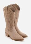 Ciemnobeżowe Botki Kowbojki na Stożku z Imitacji Zamszu z Ażurowymi Wstawkami  Crela